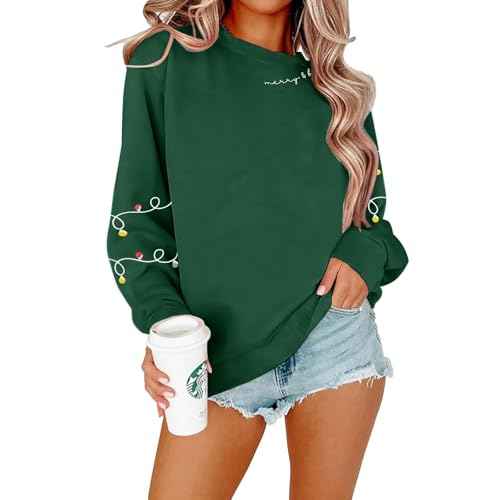 Christmas Sweatshirt for Women Christmas Light Sweatshirts Merry And Bright Xmas Long Sleeve Shirts Crewneck Pullover Tops