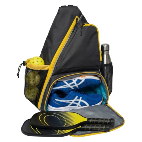 Pickleball Sling Bag with Shoe Compartment and 2 Paddles Grey/Yellow