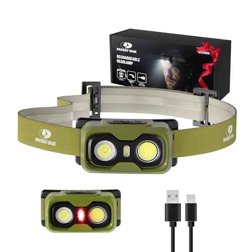 Mossy Oak 600 Lumens Rechargeable Headlamp, Lightweight LED Headlight with White & Red Light, Waterproof Head Lamp with Non-Slip Band, Dimmable & Memory Function for Camping, Running, Hiking, Outdoor