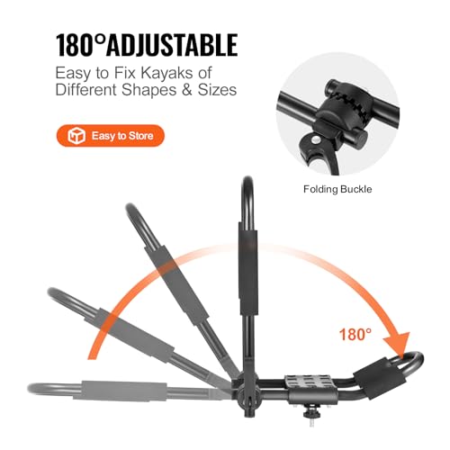 VEVOR Kayak Roof Rack 2 Pairs J-Bar, Soft Roof Rack Quick Folding, Top Mount Tie Down, Carrier for Kayak, Surf Board, Canoe, SUP, Ski Board, Mount on Car, SUV, Truck, 2 Kayaks