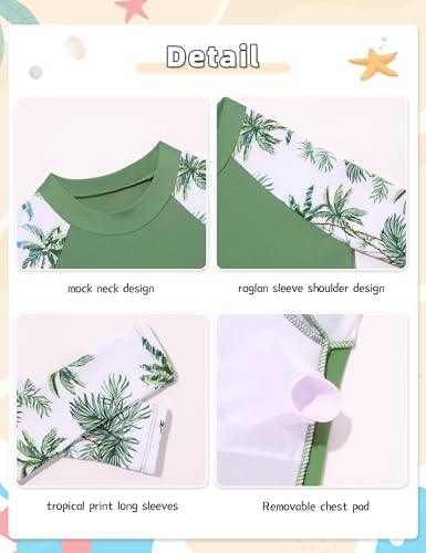 Girls Rash Guard Swimsuit 2-Piece Long Sleeve Bathing Suit for 11-12 Years Olive Green & Tropical Print