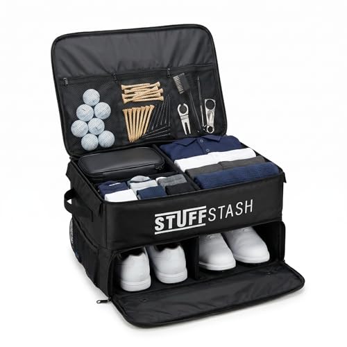 Golf Trunk Organizer for Car - Ventilated Shoe Compartment, Adjustable Dividers & Mesh Pockets