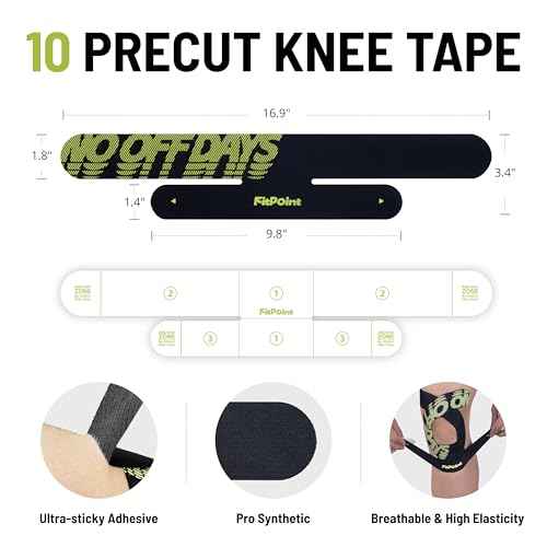 Motion Precut Kinesiology Tape for Knees, 10 Pcs Ultra-Sticky Adhesive Synthetic Knee Tape, Pain Relief & Knee Support, Latex-Free Elastic Athletic Tape, Jet Black
