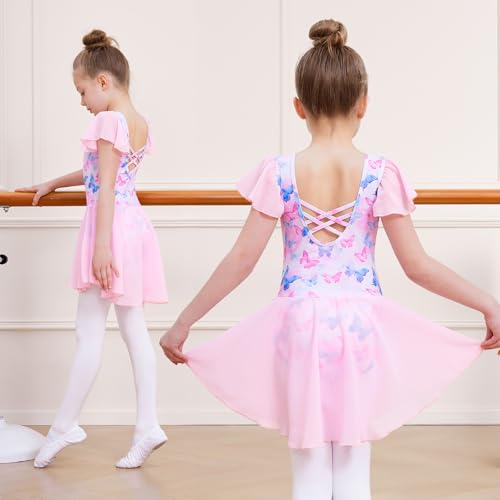 DIPUG Girls Ballet Leotard with Butterfly Design - Pink, Yarn Sleeve, 6-8 Years
