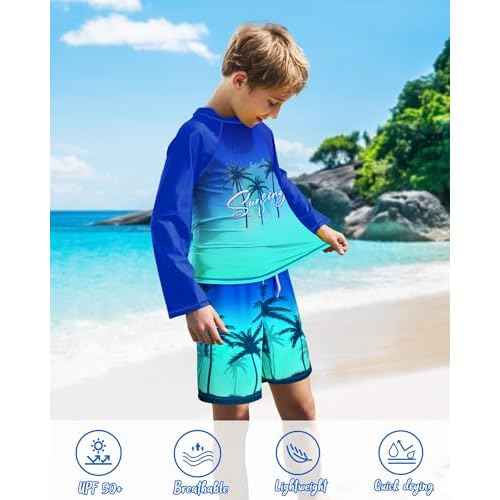 Boys Rash Guard Swim Set with Swim Trunks Bathing Suit Long Sleeve Swim Shirt Quick Dry Swimsuit Kids Swimwear Size 7-16