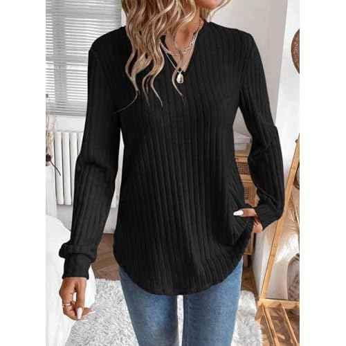 SHEWIN Womens Fall Fashion 2025 Casual Long Sleeve V Neck Tops Shirts Sweaters