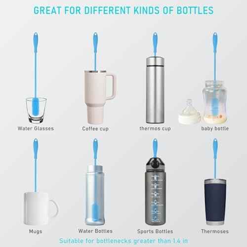 15.7" Silicone Bottle Brush, ddLUCK Water Bottle Cleaner Brush for Stanley, Hydroflasks, Glass, Thermos Sports Bottle, Vase and Glassware, Bottle Brush Cleaner for Small Narrow Neck Containers (Blue)
