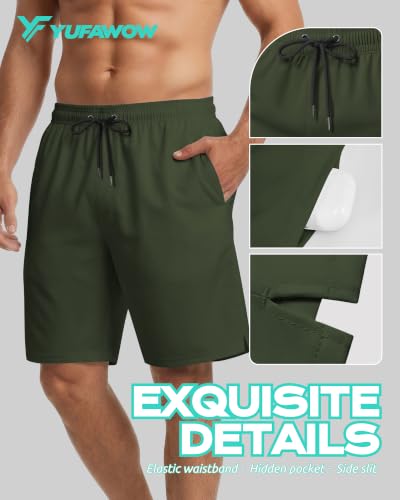 Men's 9-Inch Swim Trunks with Mesh Lining Quick Dry Breathable Pockets - Army Green, Large