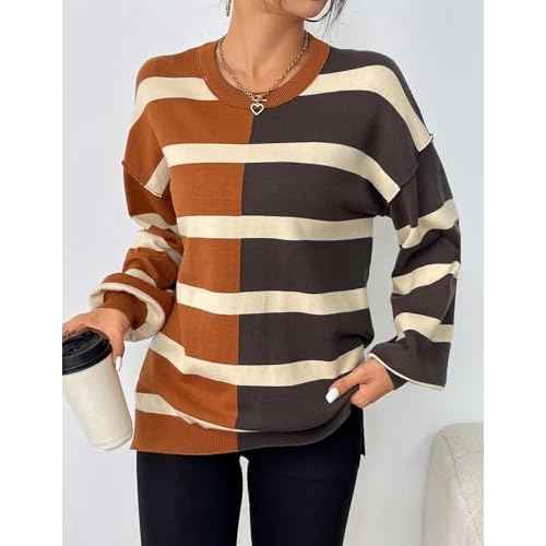Zeagoo Womens Striped Oversized Sweater 2025 Crew Neck Long Sleeve Knitted Color Block Casual Loose Pullover Top