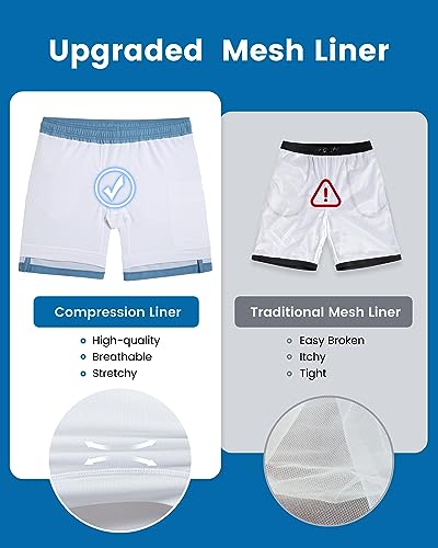 Men's Swim Trunks with Compression Liner 7-Inch Quick Dry Board Shorts - Haze Blue & White Large