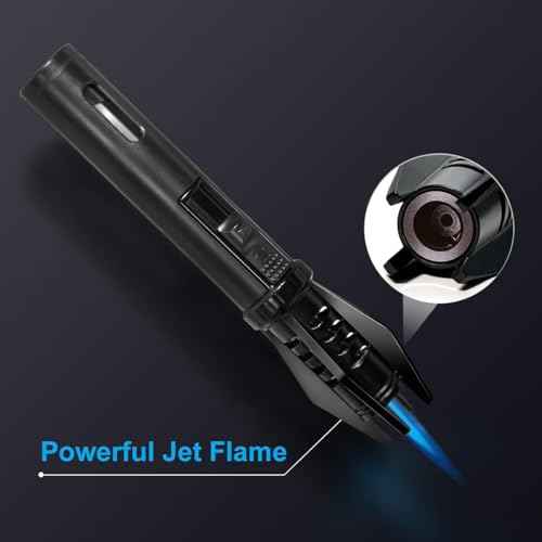 Camping Mini Torch Lighter Small Refillable Butane Lighters Pocket Tactical EDC Windproof Jet Flame with Visual Window for Hiking Survival Kitchen Candle Fireplace Home Party BBQ, 5" (Without Fuel)