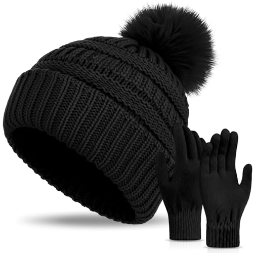 Women Knitted Beanie Hat and Gloves Set - Winter Gift for Women - Black