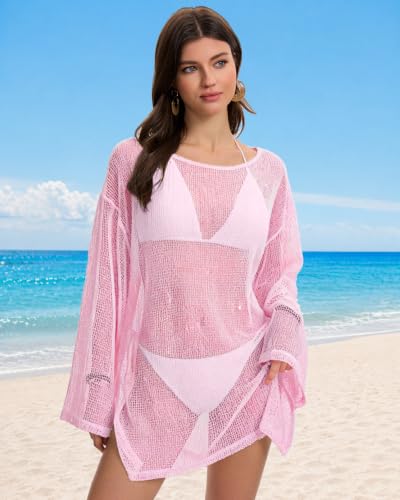 Pink Crochet Sheer Beach Coverup for Women with Sequin Details - Summer Slit Dress