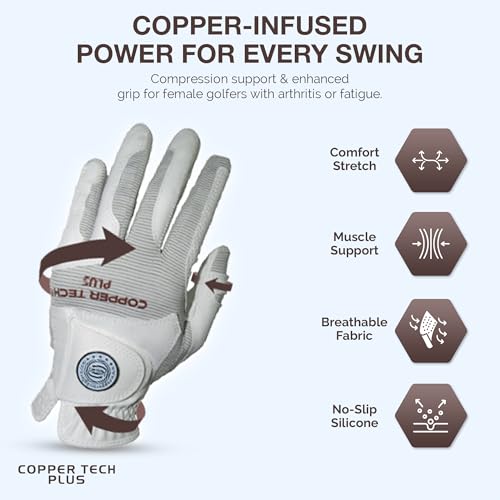 Copper Tech Plus Women’s Copper Infused Golf Glove – White/White – Pair – Compression Fit – Arthritis Relief – Non-Slip Grip – Breathable & Odour-Free – USGA Approved, One Size