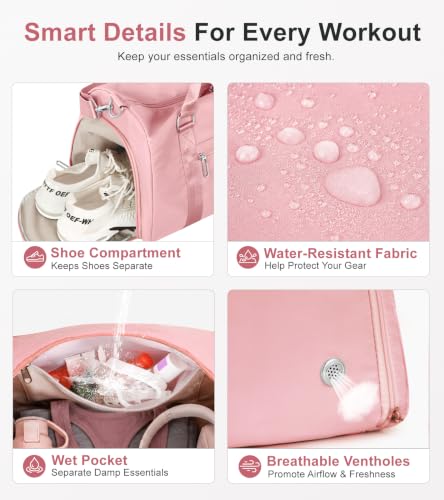 Women's Pink Gym Tote Duffle Bag with Wet Pocket & Shoe Compartment - Travel & Workout