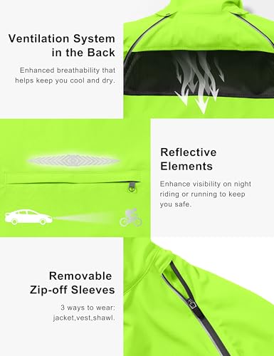 Women's Packable Rain Cycling Jacket with Removable Sleeves - Fluorescent Yellow, Medium