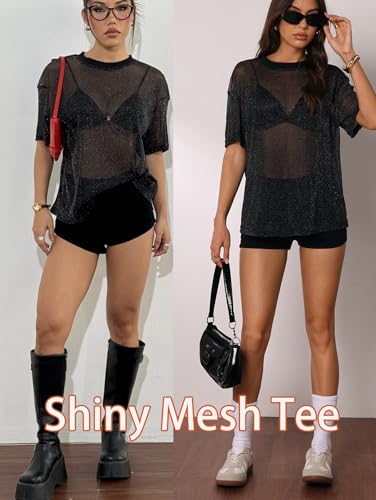 Women Sparkly Glitter Rave Outfits Sheer Going Out Top - Medium Black - Y2K