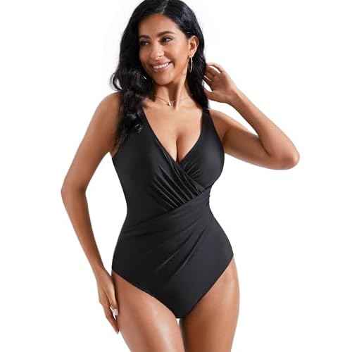 RXRXCOCO Womens One Piece Swimsuits Tummy Control Ruched Criss Cross Bathing Suits V Neck Slimming Swimwear