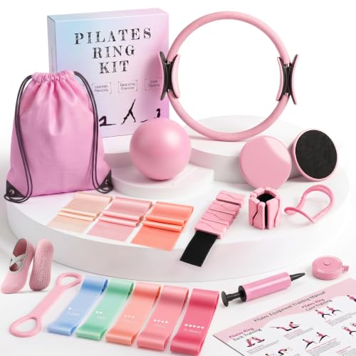 Pink 16-inch Pilates Kit for Women with Ring, Ball, Weights & Resistance Bands