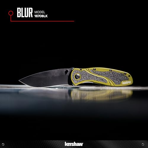 Kershaw Blur Olive and Black Pocket Knife, 3.4” Stainless Steel Blade with Assisted Opening, Olive Aluminum Handle with Deep-Carry Pocketclip, Small Folding Knife