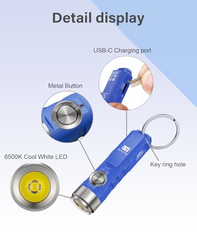 Mini Keychain Flashlight 650 Lumens Blue - USB-C Rechargeable, Compact EDC Light