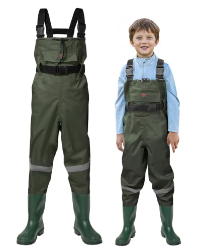 Kids Chest Waders with Boots - Youth Waterproof Fishing Waders for Boys, Green 8/9 Big Kid