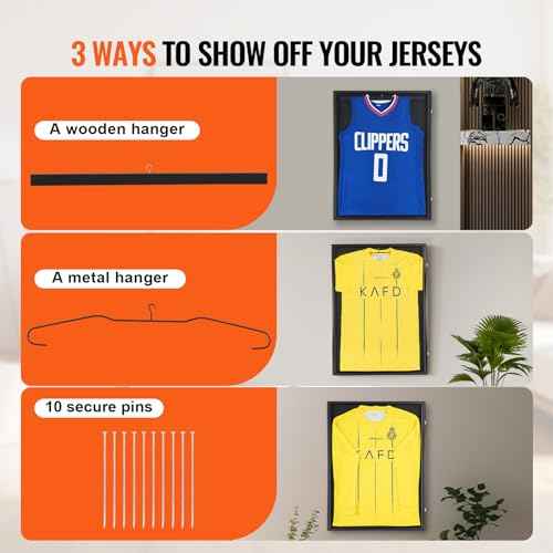 VEVOR Jersey Display Frame Case, 24 x 32 x 1.5 in, Large Lockable Sport Jersey Shadow Box with 98% UV Protection PC Glass and Hangers, for Baseball Basketball Football Hockey Shirt and Uniform, Black