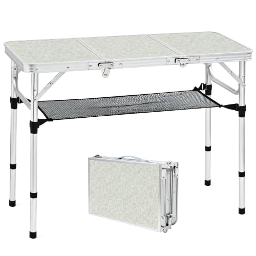 Silver Folding Camping Table 3 Foot with Adjustable Heights & Storage - Portable Lightweight
