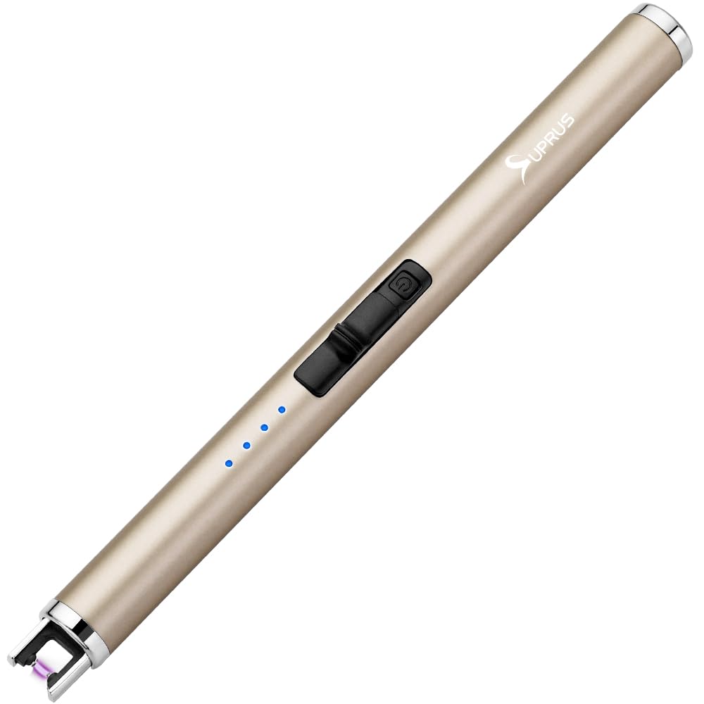 SUPRUS Electric Lighter Candle Type C Rechargeable Lighter with Upgraded LED Battery Display Safety Switch Flameless Plasma Windproof for Candle Cooking BBQs Fireworks Gift(Champagne Gold)