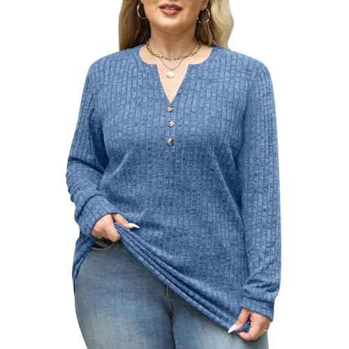 Plus Size Tops for Women Long Sleeve V Neck Button Down Shirts Casual Loose Tunic Sweaters Fall Winter Outfits L-4XL