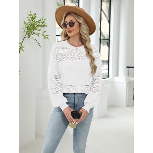 Lylinan Womens Sweaters Casual Boho Long Sleeve Shirts Crewneck Lightweight Crochet Tops Pullover Knit Sweater