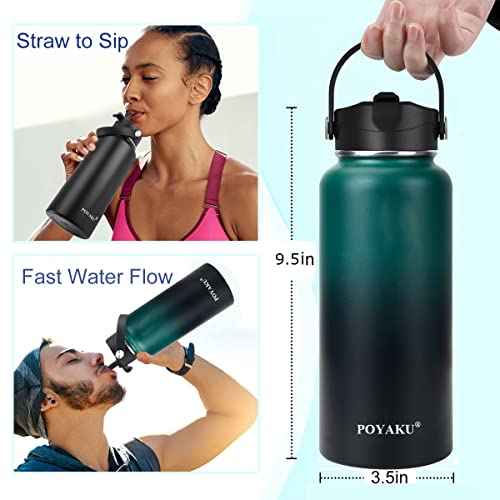Water Bottle Insulated 32oz 40oz 64oz 128oz Straw Lid Spout Lid & 3 Lids, Leak Proof, Vacuum Insulated,Stainless Steel Water Bottle Wide Mouth for Sports, Gym or Office