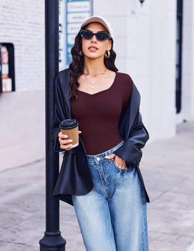 Ekouaer Long Sleeve Fitted Shirts for Women - Basic Layering Tee, 3 Pack, Black, Wine Red, Blue, Large