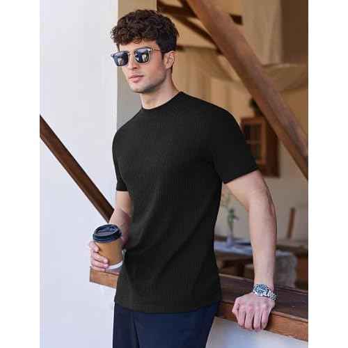 Ekouaer Mens Mock Turtleneck Short Sleeve Knit T Shirts Slim Fit Basic Thermal Tops Lightweight Tee S-XXXL