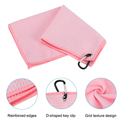 PATIKIL 12x12 Inch Pink Tri-Fold Golf Towel - Soft Microfiber, Water Absorbent, Waffle Pattern with D Clip