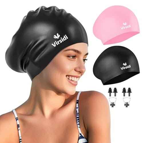 2 Pack Large Swim Caps for Long Hair, Silicone Swimming Cap for Adult Women Men, Waterproof Swim Hats Bathing Caps to Keep Hair Dry with Bonus Nose Clip and Earplugs