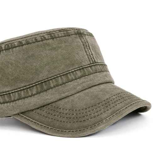 Malaxlx Military Cadet Army Cap for Men Women ? Washed Cotton Vintage Adjustable Flat Top Hat
