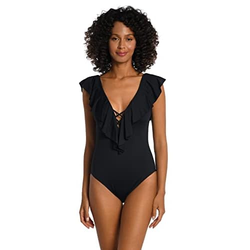 La Blanca Women's One Piece Swimsuit Over The Shoulder Ruffle Sleeve Tummy Control Island Goddess Bathing Suit