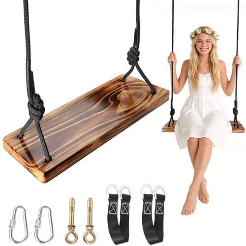 18x8 Carbonized Wooden Tree Swing Seat Heavy Duty 440 lb Load Capacity Outdoor Indoor