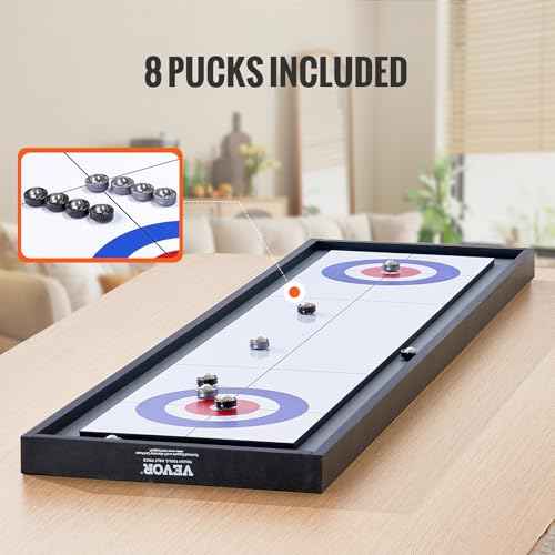 VEVOR Shuffleboard and Curling 2 in 1 Board Games, 45" Portable Tabletop Set, Two Sided Tabletop Shuffleboard with 8 Rolling Pucks, Shuffleboard and Curling Combo Game Set for Kids and Family