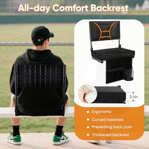 veook Adjustable Stadium Seats with Back Support – Padded Bleacher Chairs with Back and Cushion, Folding Portable Wide Bleacher Seat with Storage Pockets & Cup Holder – Support Up to 350 lbs