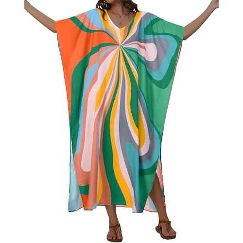 Kaftan Dresses for Women V Neck Caftan Long Batwing Sleeve Swimsuit Cover Up Beach Swimwear