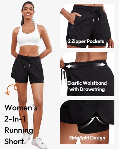 Women's 2-in-1 High Waisted Running Shorts - Medium / Black, Navy, Grey