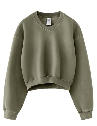Women’s Cropped Sweatshirt with V-Neck Acid Wash, Soft Fleece, Green, Medium