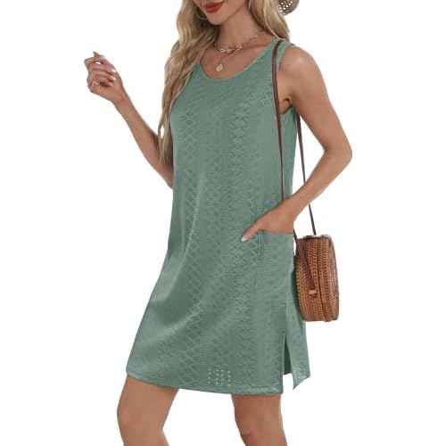 Coverup Summer Dresses for Women 2025 Eyelet Casual Loose Sleeveless Sundresses Tank Dresses with Pockets