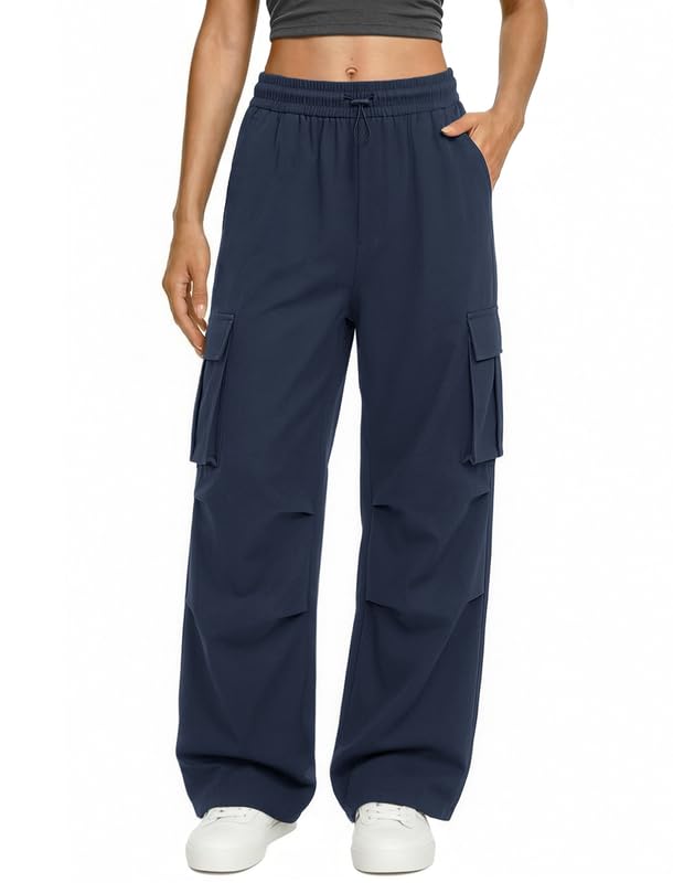 Women's Cargo Pants High Waisted Baggy Parachute Hiking Pants - Medium Navy Blue