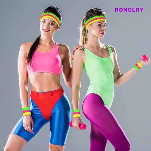 Ronglry 80s Neon Sweatbands Set 80s 90s Outfits for Women Sports Wristband and Headband Neon Sweat Band 80 s Accessories for Women Sweatband for Glow Party Supplies Halloween Costume