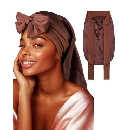 100% Mulberry Silk Bonnet for Sleeping Women Braid Bonnet for Long Hair with Elastic Tie Band Hair Wrap for Braids Curly Hair