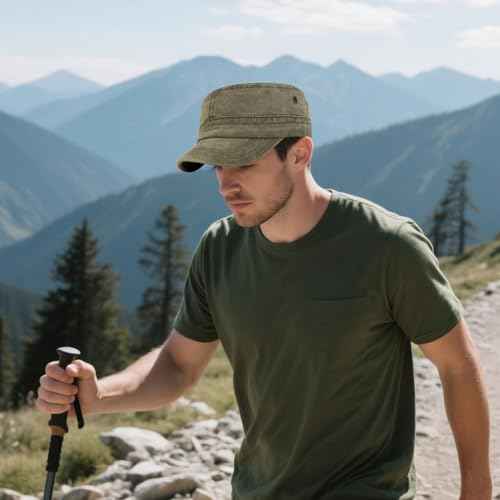 Malaxlx Military Cadet Army Cap for Men Women ? Washed Cotton Vintage Adjustable Flat Top Hat