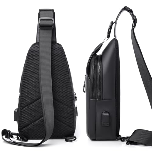 Men Crossbody Bag Waterproof Sling with USB Charging Port - Black